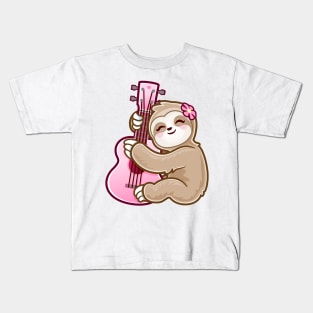 Cute Girl Playing Acoustic Ukulele Pink Guitar kawaii Sloth Kids T-Shirt